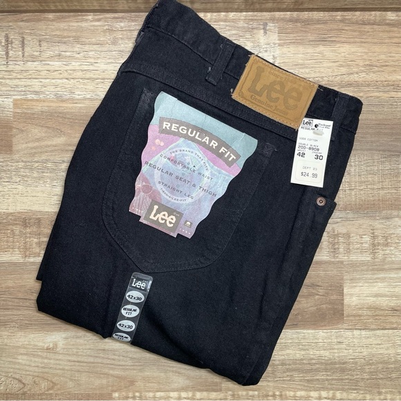 Vintage Lee Regular Fit‎ Straight Leg Denim Jeans Double Black Men's 42x30 New - Picture 1 of 11